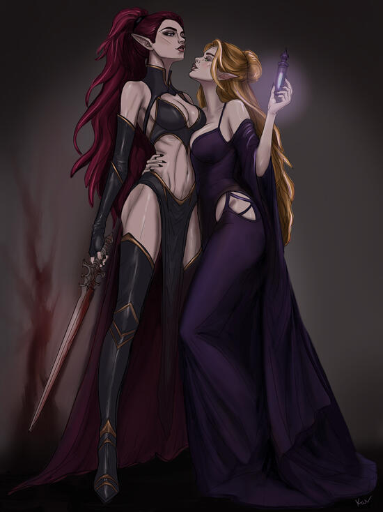 Warhammer couple art, full body with props